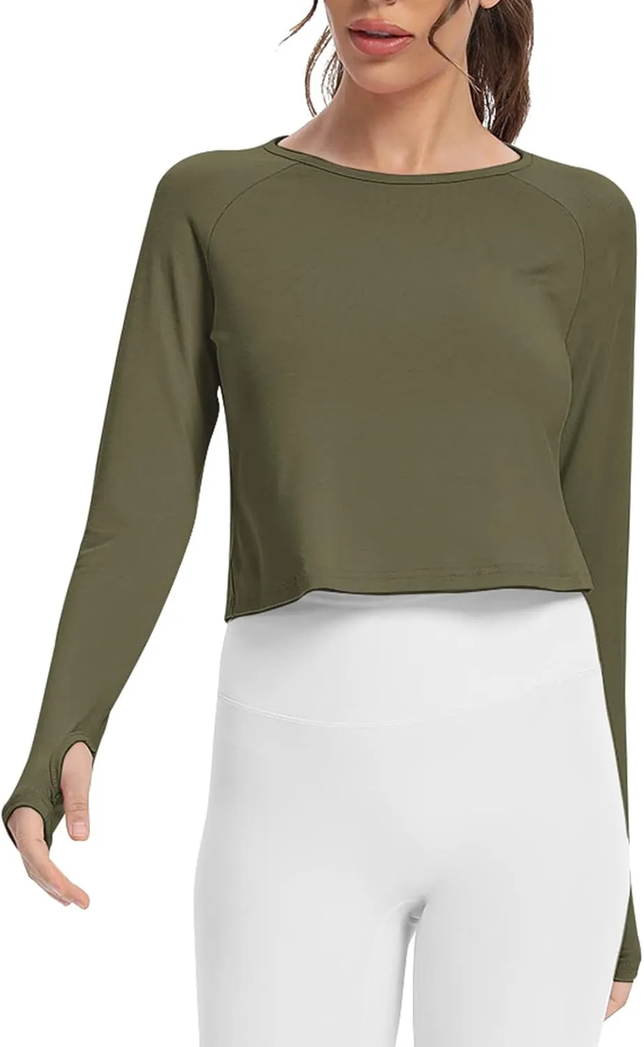 Mippo Long Sleeve Crop Top Workout Gym Athletic Shirts Thumb Hole Crewneck Cropped Sweatshirts