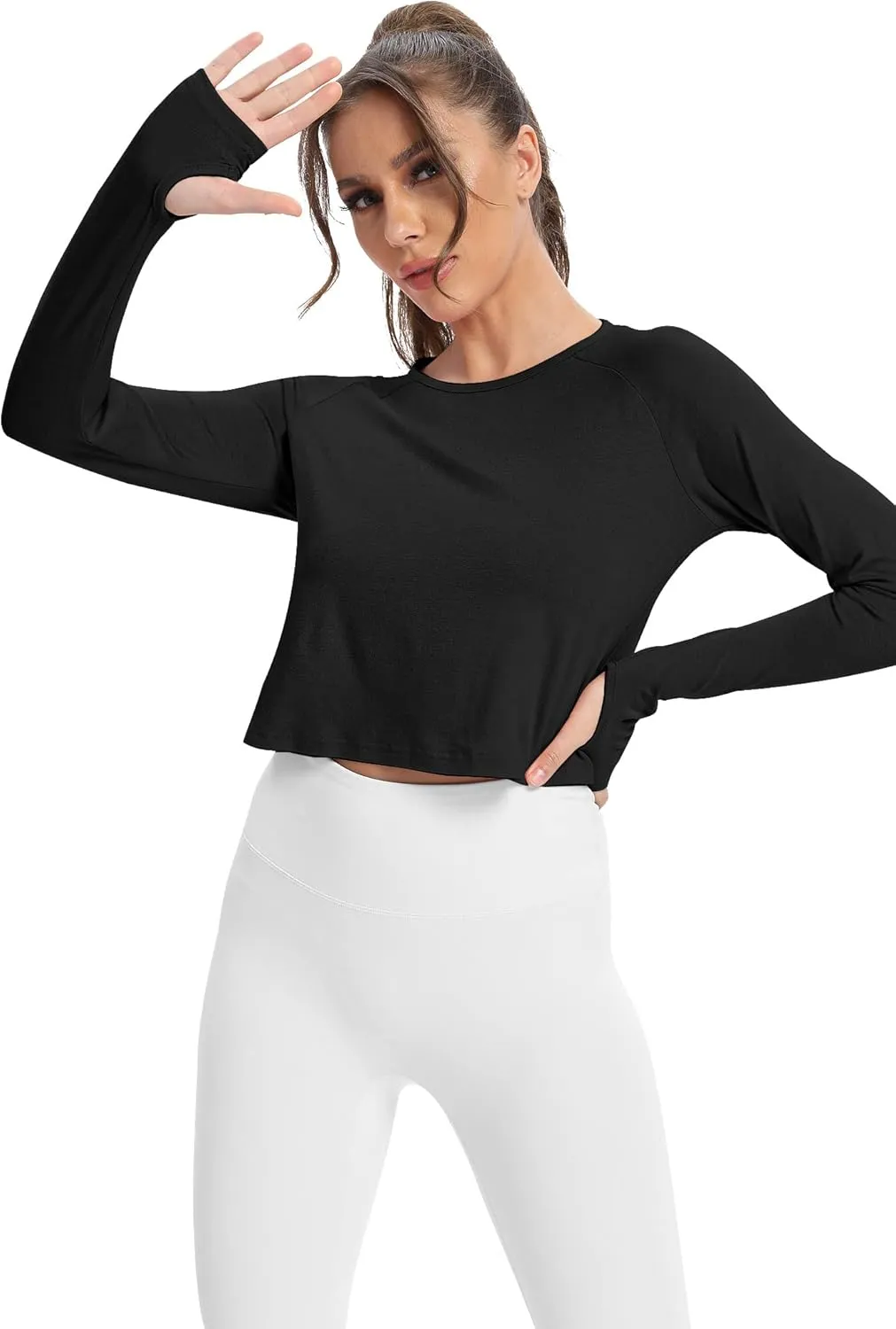 Mippo Long Sleeve Crop Top Workout Gym Athletic Shirts Thumb Hole Crewneck Cropped Sweatshirts