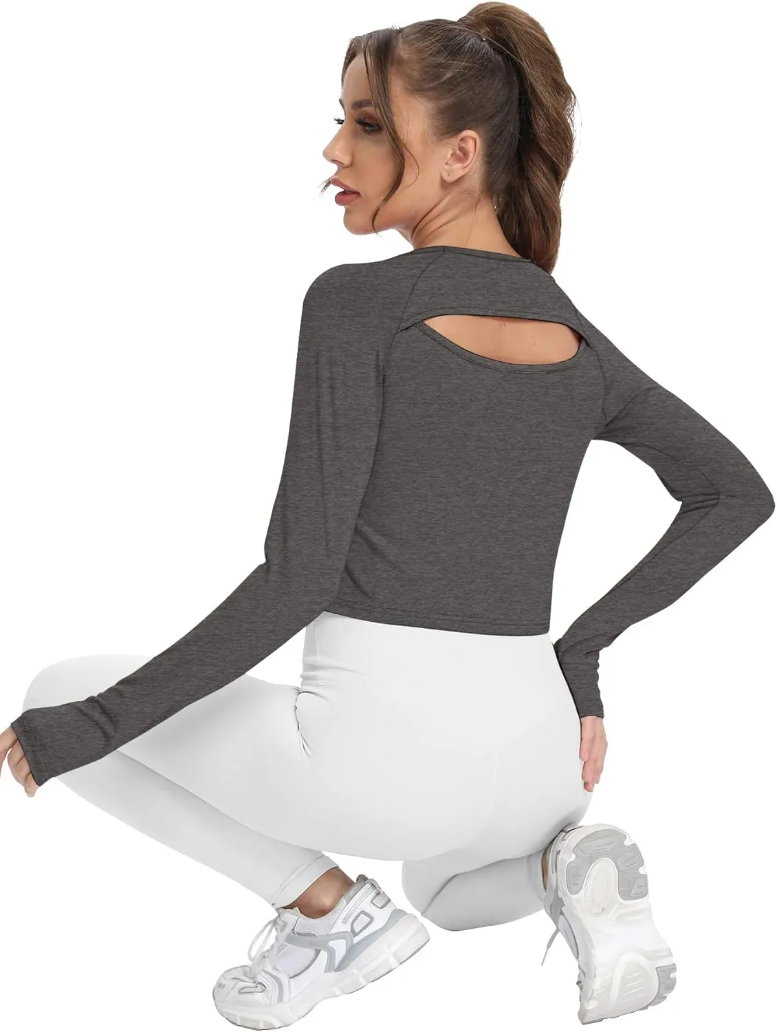 Mippo Long Sleeve Crop Top Workout Gym Athletic Shirts Thumb Hole Crewneck Cropped Sweatshirts