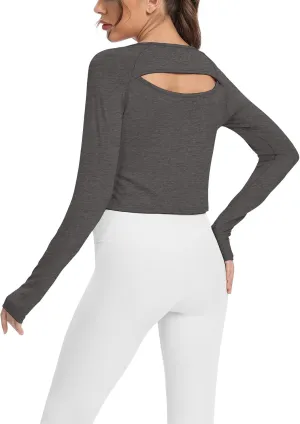 Mippo Long Sleeve Crop Top Workout Gym Athletic Shirts Thumb Hole Crewneck Cropped Sweatshirts