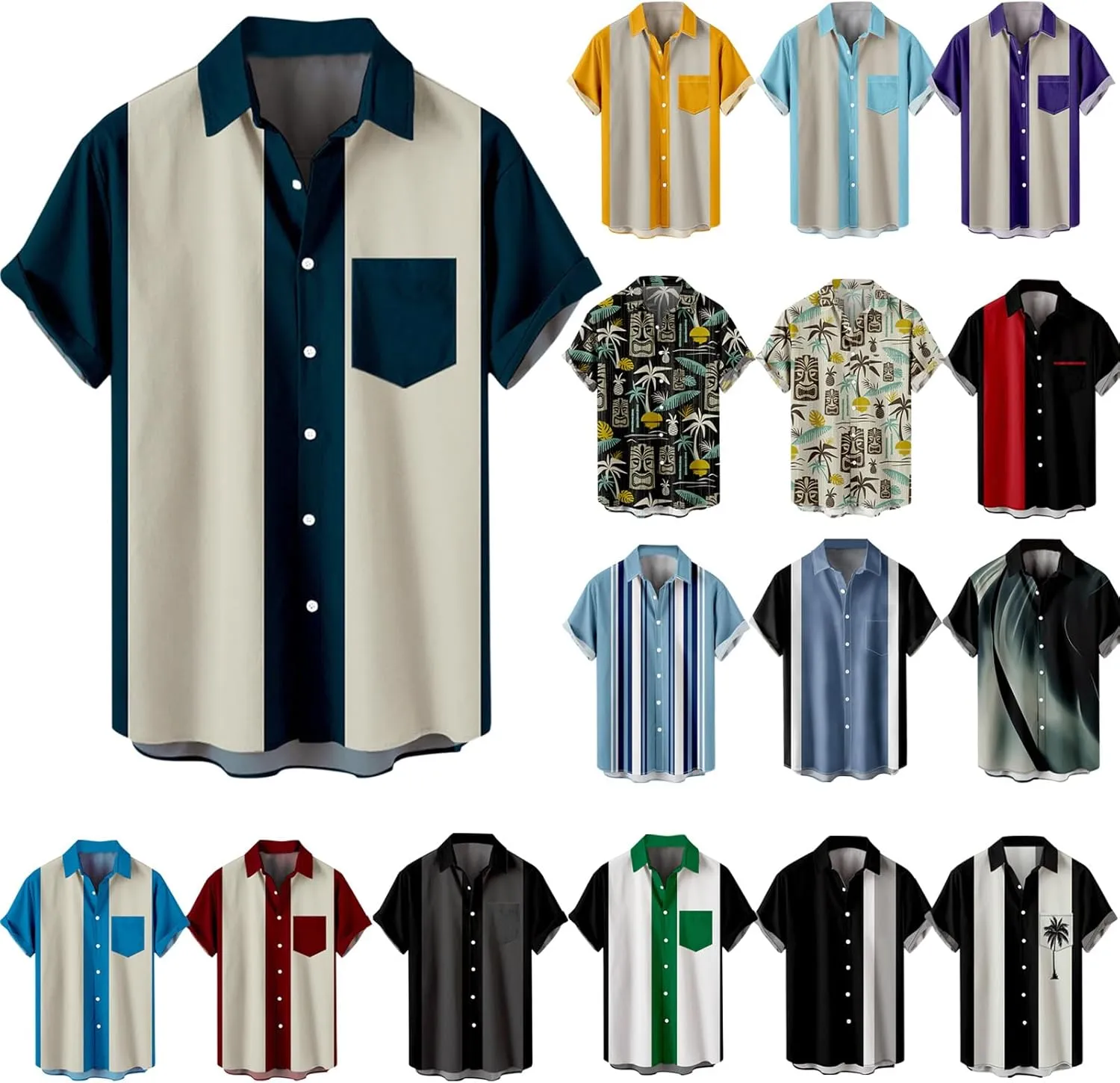 Muscularfit Mens Shirts Button Down Short Sleeve Casual Tshirt Loose Fit Color Block Collar Shirt Hawaiian Summer Beach Shirt