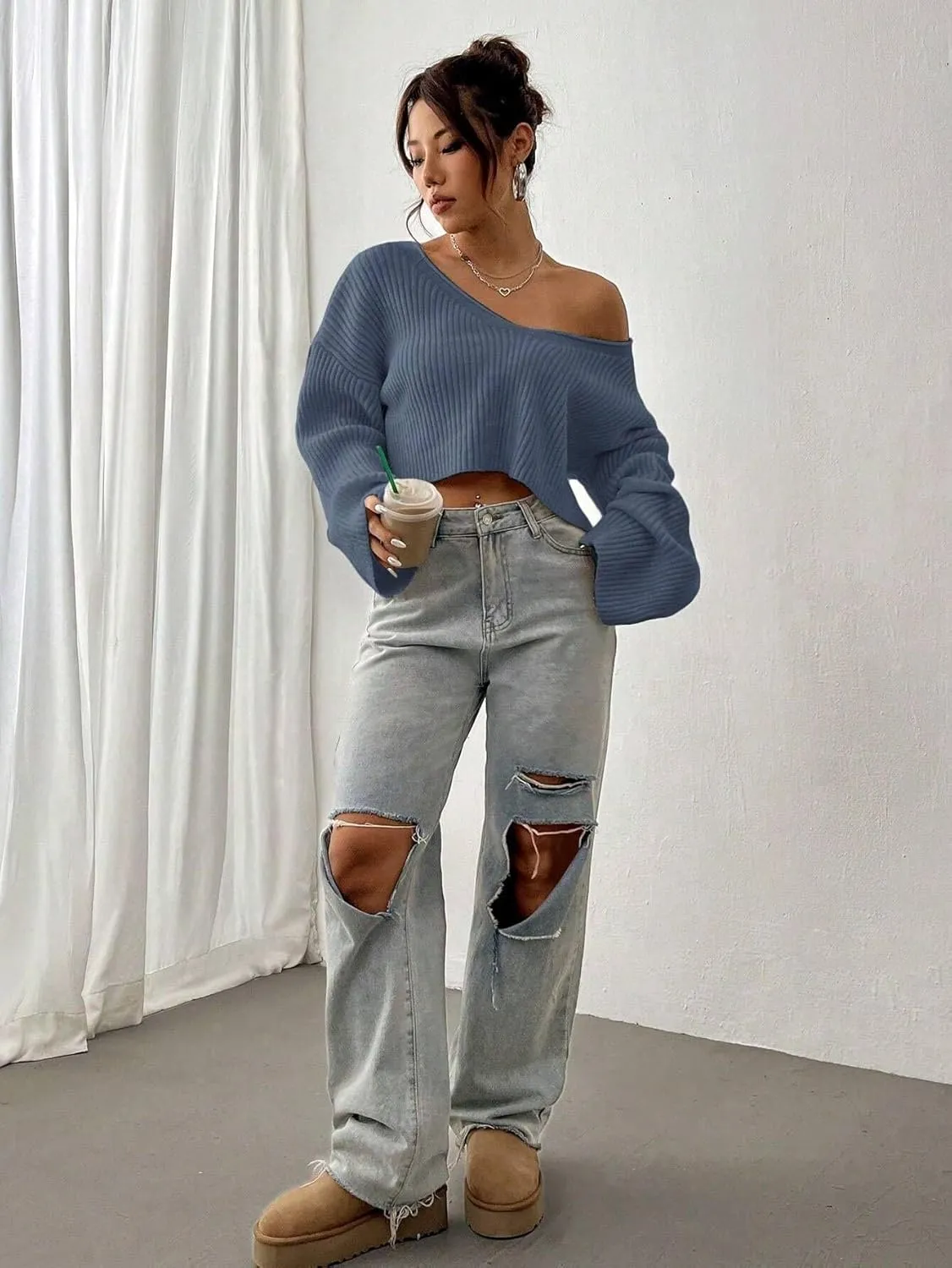 Narecte Women Cropped Sweater V Neck Sweaters Woman Long Sleeve Drop Shoulder Pullover Womens Sweaters Fall Sweaters