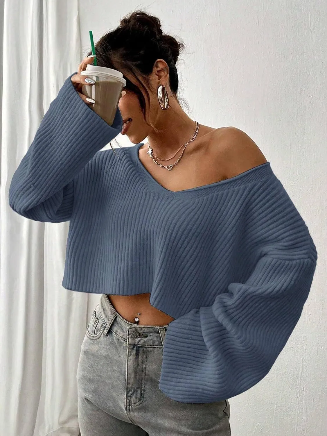 Narecte Women Cropped Sweater V Neck Sweaters Woman Long Sleeve Drop Shoulder Pullover Womens Sweaters Fall Sweaters