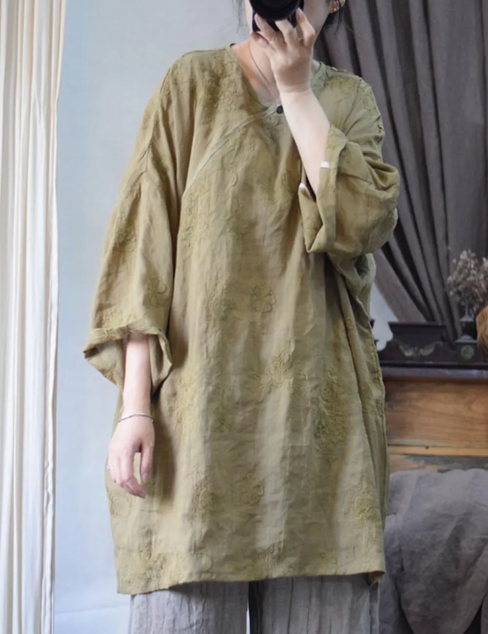 NFYM Summer Linen Tops for Womens Plus Size Loose Fit T Shirts Embroidered Round Neck Pullover Blouses