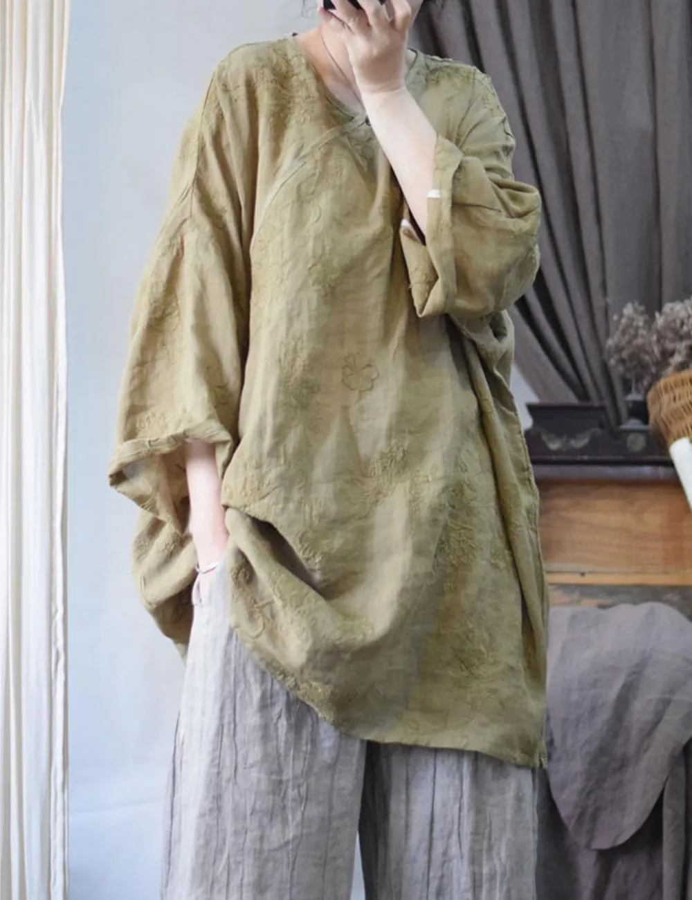 NFYM Summer Linen Tops for Womens Plus Size Loose Fit T Shirts Embroidered Round Neck Pullover Blouses