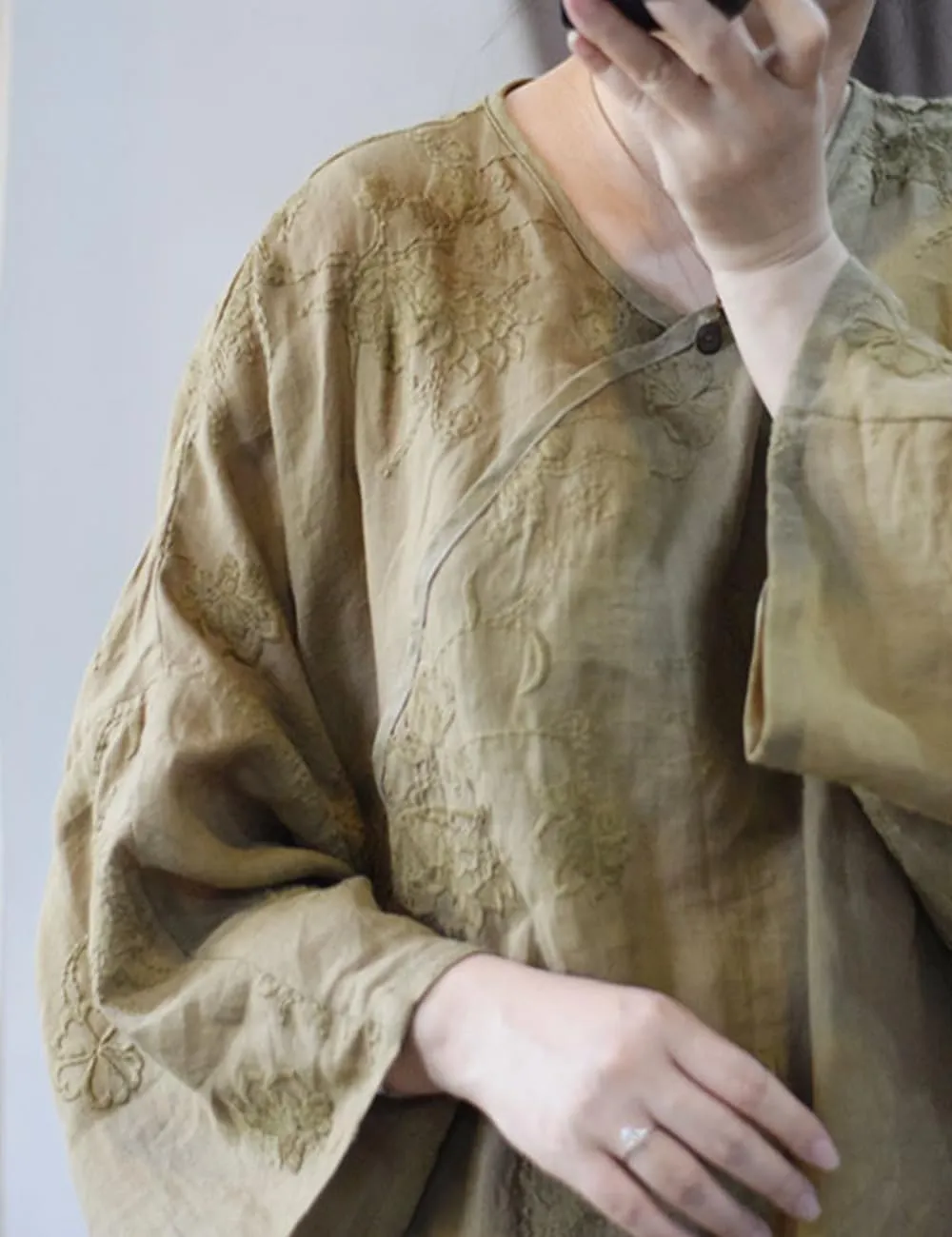 NFYM Summer Linen Tops for Womens Plus Size Loose Fit T Shirts Embroidered Round Neck Pullover Blouses