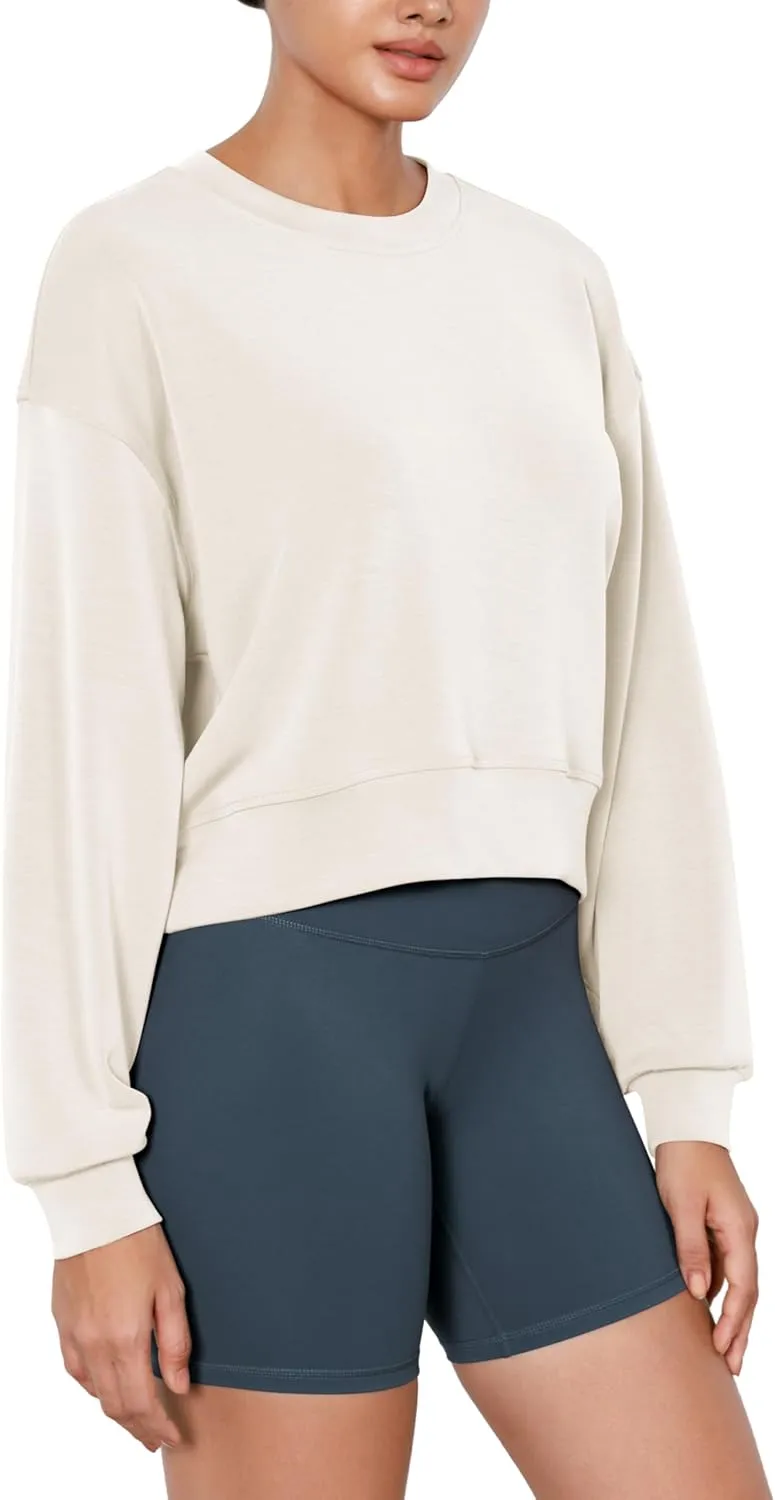 ODODOS Modal Soft Long Sleeve Cropped Sweatshirts for Women Oversized Crew Neck Pullover Crop Top