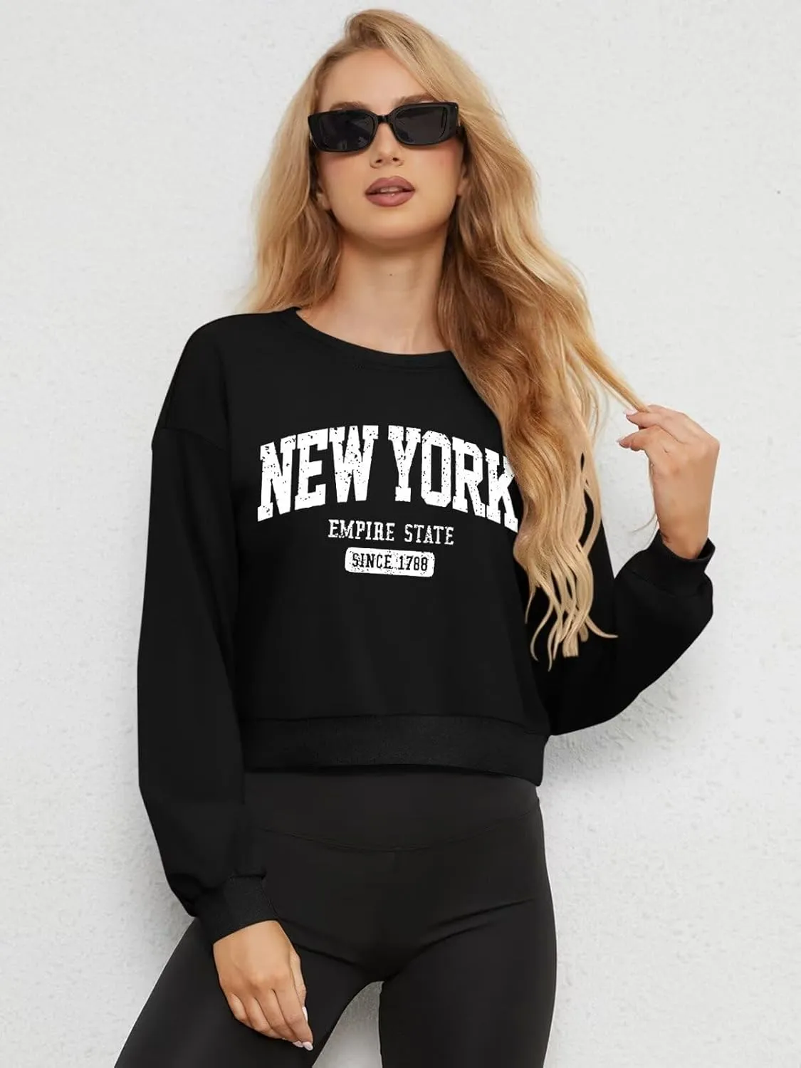 ORANDESIGNE Womens Cropped Letter Printed Sweatshirts Graphic Crewneck Long Sleeve Pullover Casual Loose Fit Tops