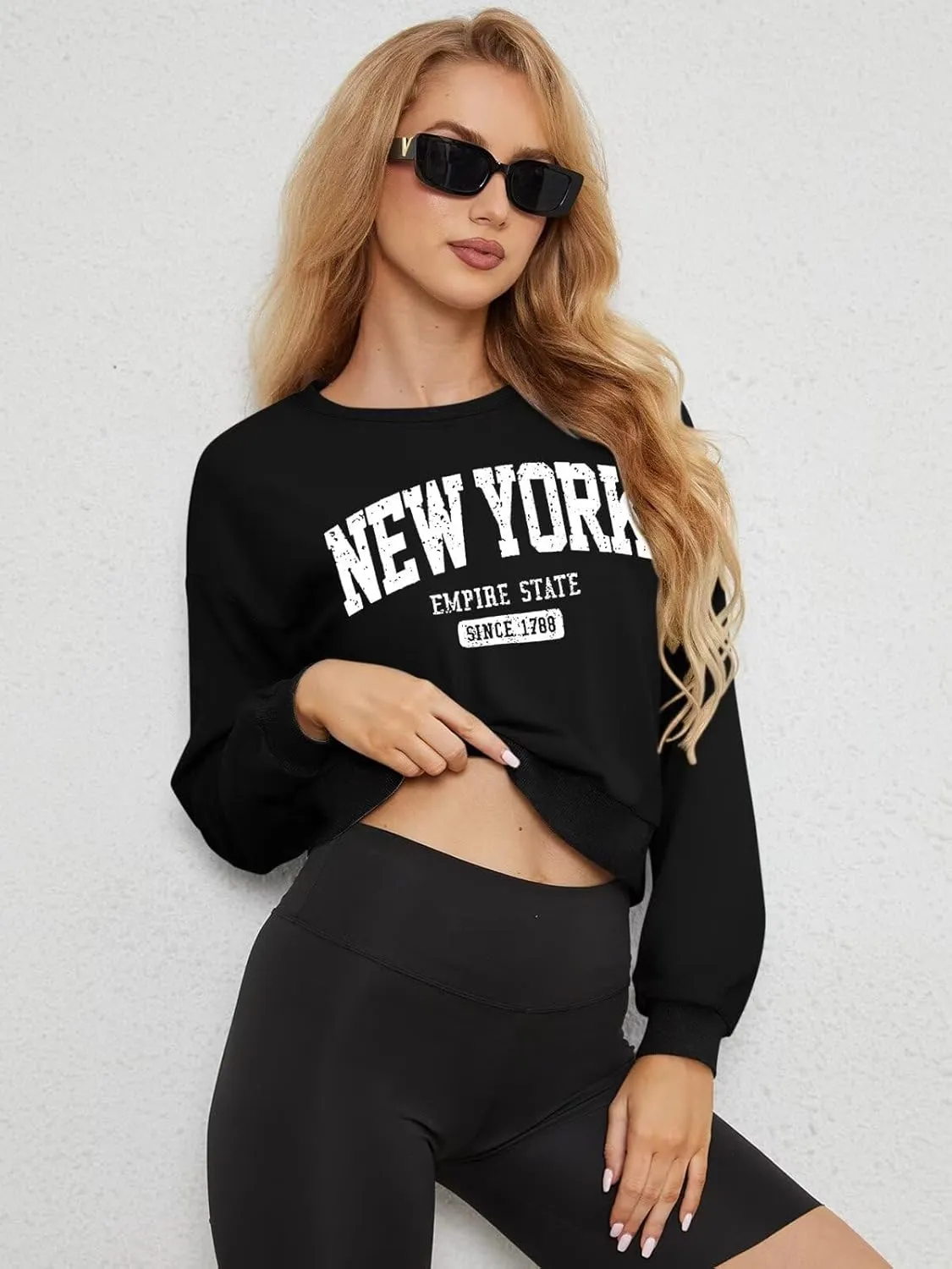 ORANDESIGNE Womens Cropped Letter Printed Sweatshirts Graphic Crewneck Long Sleeve Pullover Casual Loose Fit Tops