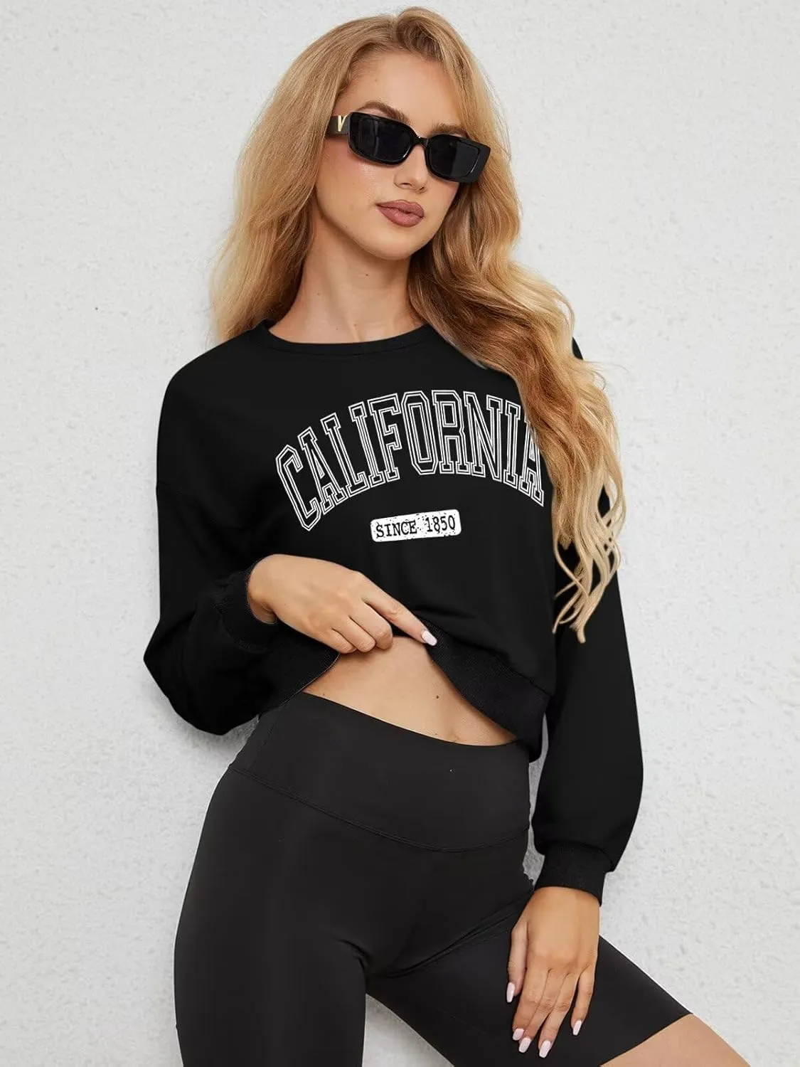 ORANDESIGNE Womens Cropped Letter Printed Sweatshirts Graphic Crewneck Long Sleeve Pullover Casual Loose Fit Tops