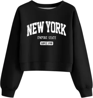 ORANDESIGNE Womens Cropped Letter Printed Sweatshirts Graphic Crewneck Long Sleeve Pullover Casual Loose Fit Tops