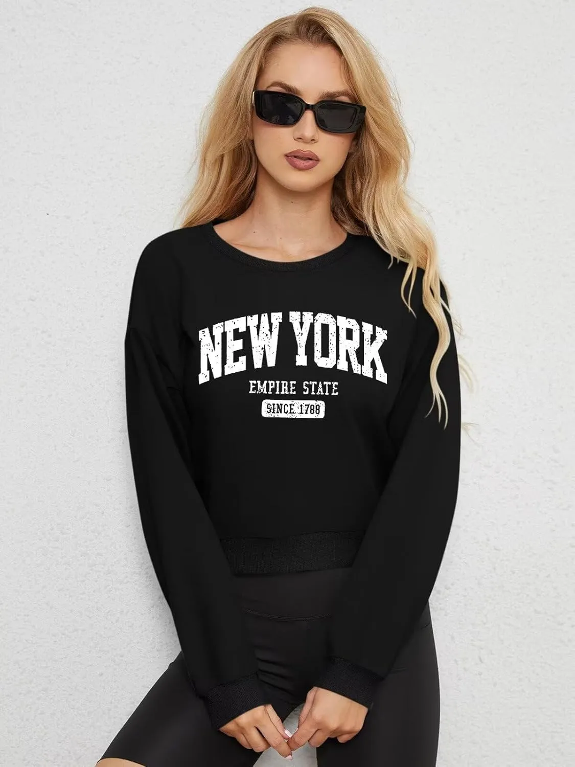 ORANDESIGNE Womens Cropped Letter Printed Sweatshirts Graphic Crewneck Long Sleeve Pullover Casual Loose Fit Tops