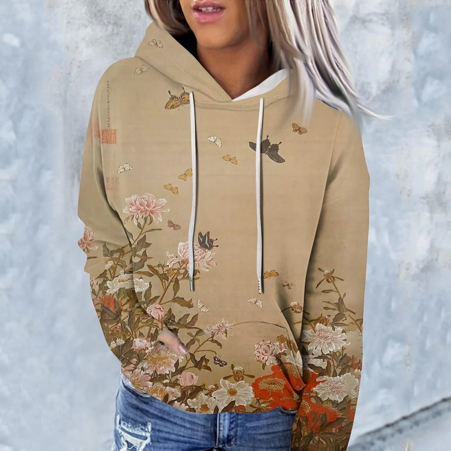 Oversized Hoodies for Women 2024 Fall Loose Fit Round Neck Casual Printed Sweatshirts with Pocket Pull Over Outfit