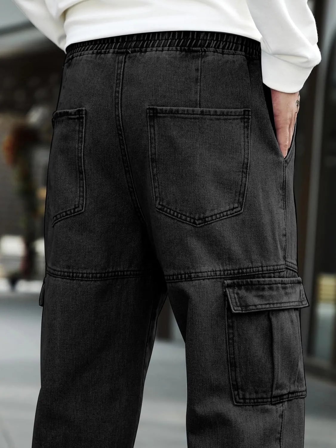 OYOANGLE Men's Drawstring Waist Flap Pocket Jogger Cargo Pants Carrot Denim Jeans with Pocket