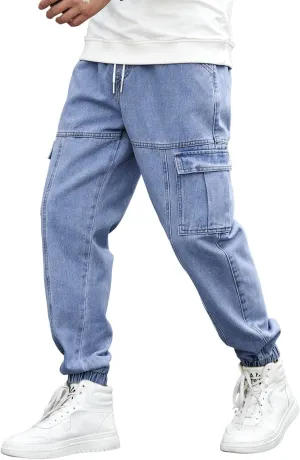 OYOANGLE Men's Drawstring Waist Flap Pocket Jogger Cargo Pants Carrot Denim Jeans with Pocket