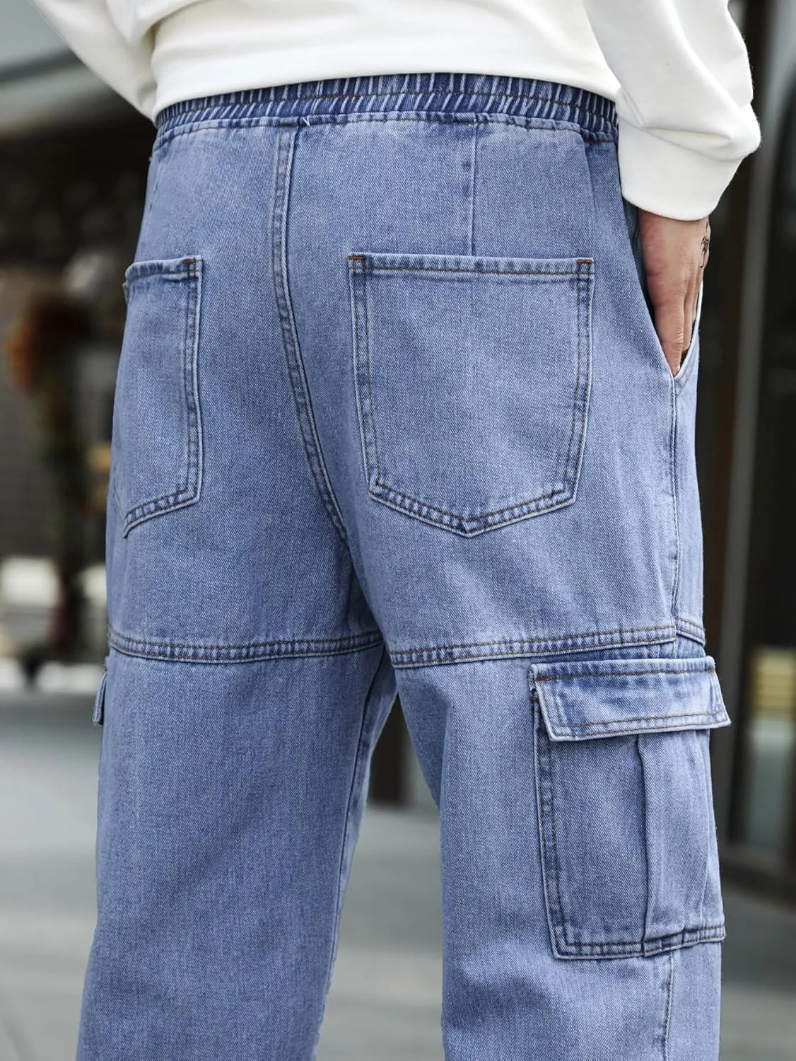 OYOANGLE Men's Drawstring Waist Flap Pocket Jogger Cargo Pants Carrot Denim Jeans with Pocket