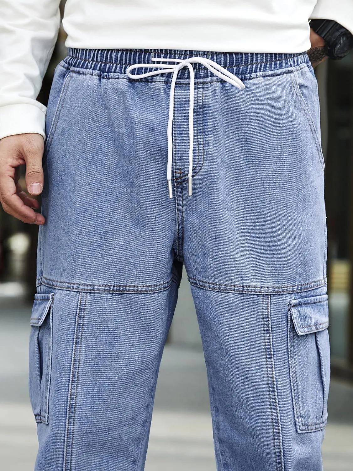 OYOANGLE Men's Drawstring Waist Flap Pocket Jogger Cargo Pants Carrot Denim Jeans with Pocket