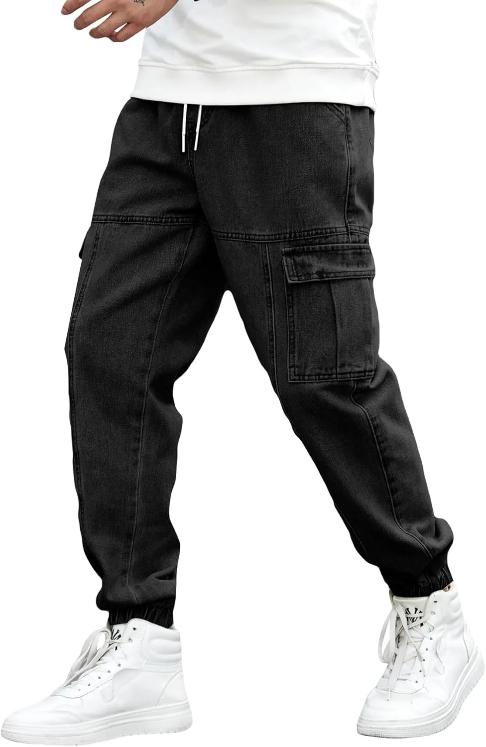 OYOANGLE Men's Drawstring Waist Flap Pocket Jogger Cargo Pants Carrot Denim Jeans with Pocket