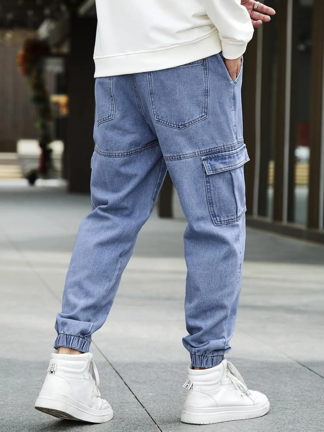 OYOANGLE Men's Drawstring Waist Flap Pocket Jogger Cargo Pants Carrot Denim Jeans with Pocket