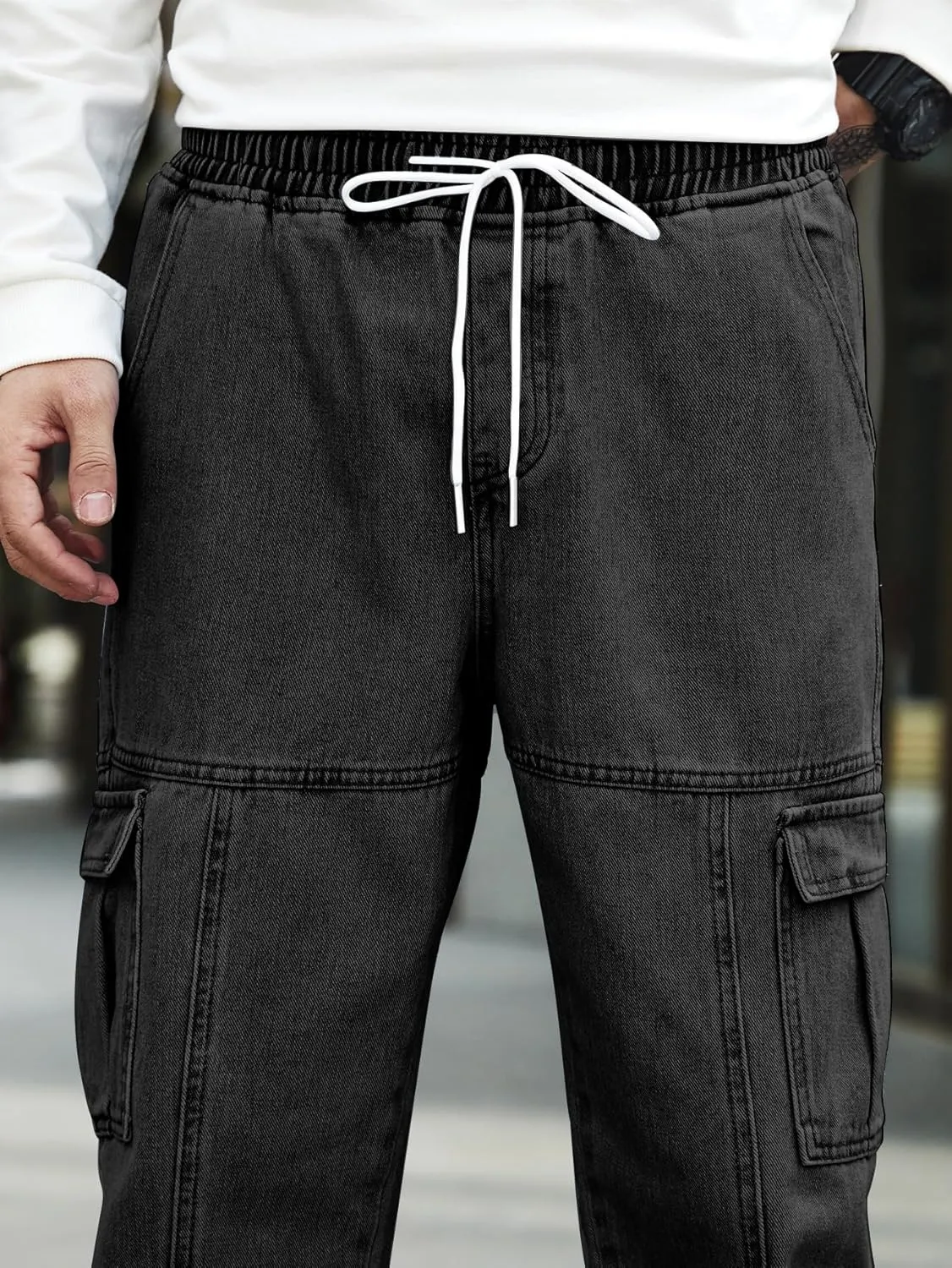 OYOANGLE Men's Drawstring Waist Flap Pocket Jogger Cargo Pants Carrot Denim Jeans with Pocket