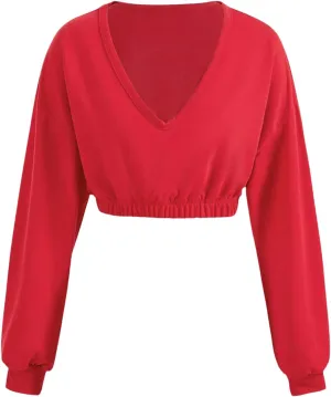 OYOANGLE Women's Deep V Neck Long Sleeve Cropped Sweatshirts Solid Pullover Tops
