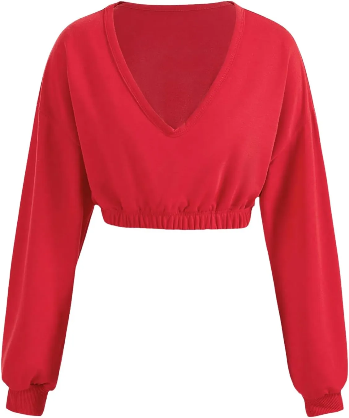 OYOANGLE Women's Deep V Neck Long Sleeve Cropped Sweatshirts Solid Pullover Tops