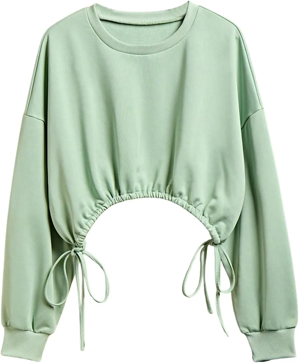 OYOANGLE Women's Long Sleeve Knot Side Cropped Sweatshirts Trendy Solid Drop Shoulder Pullover Tops
