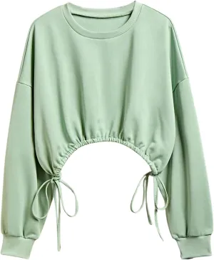 OYOANGLE Women's Long Sleeve Knot Side Cropped Sweatshirts Trendy Solid Drop Shoulder Pullover Tops