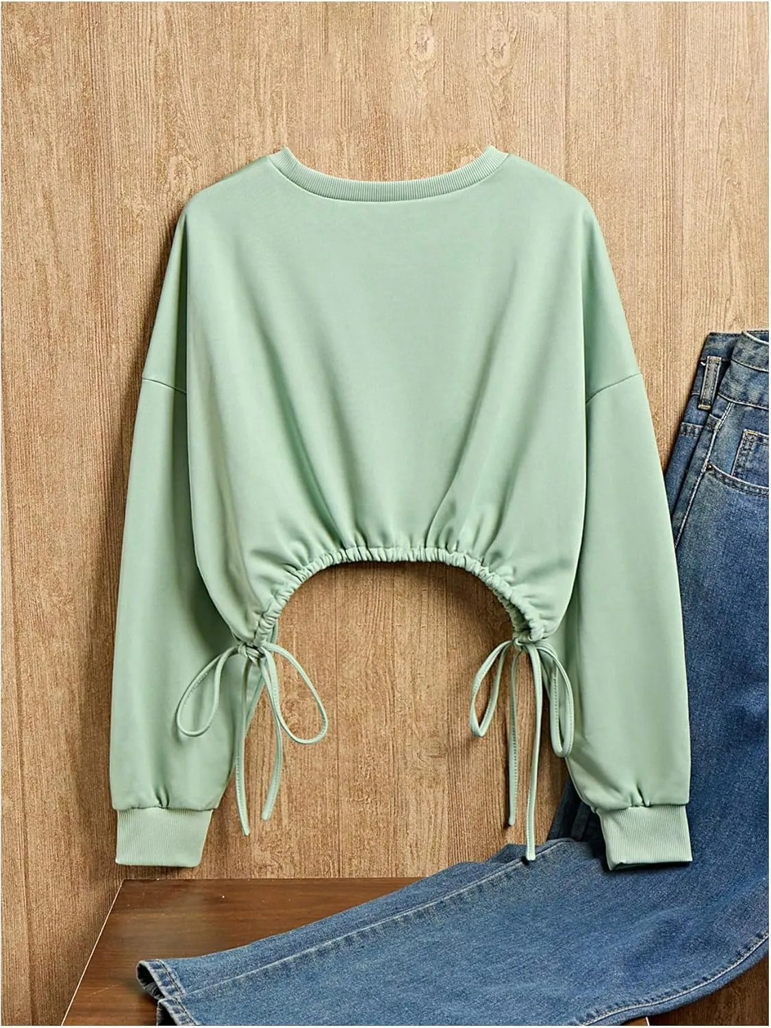 OYOANGLE Women's Long Sleeve Knot Side Cropped Sweatshirts Trendy Solid Drop Shoulder Pullover Tops