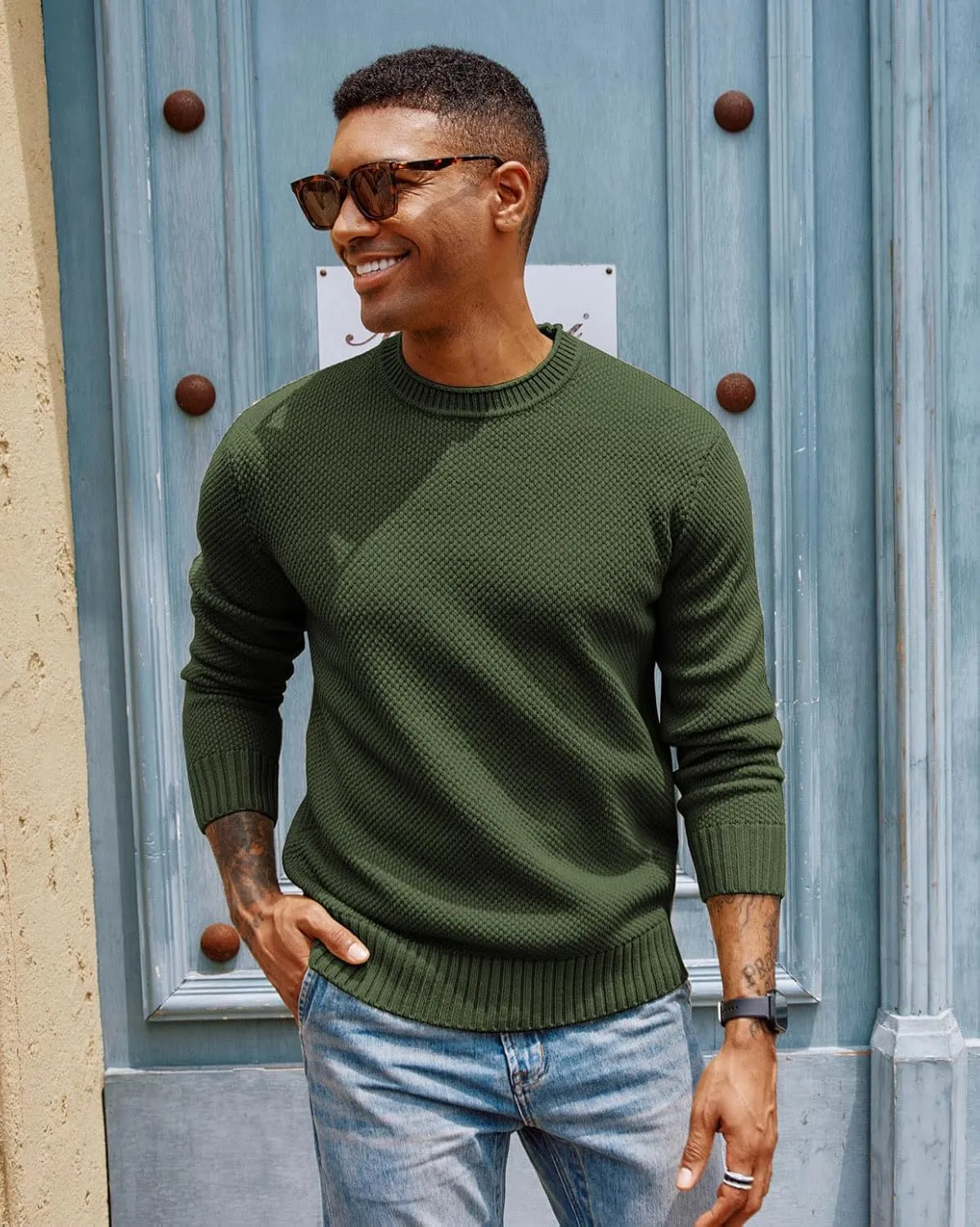 PJ PAUL JONES Men's Crewneck Pullover Sweater Casual Thick Weave Textured Sweaters