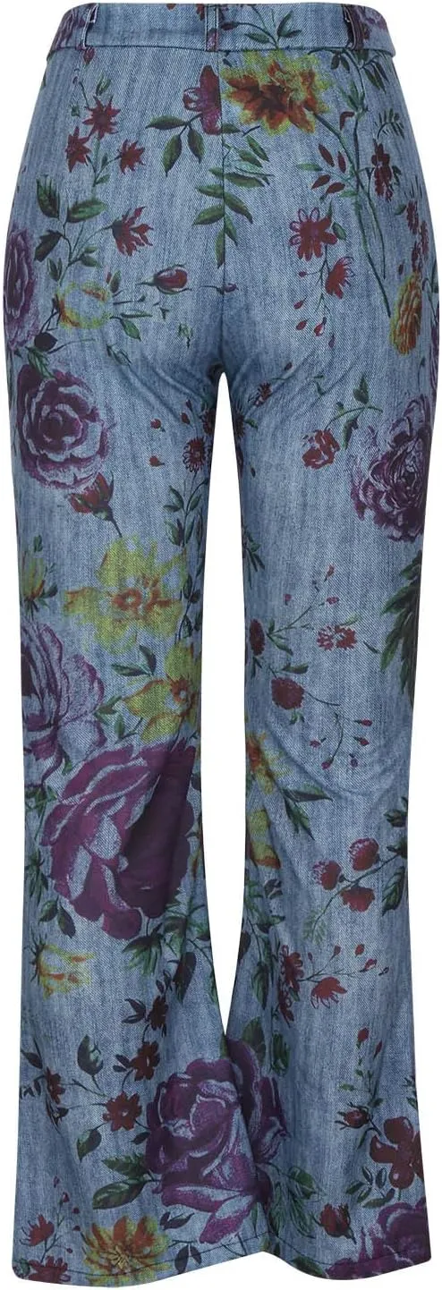 Plus Size Bell Bottom Jeans for Women Floral Embroidered High-Rise Flare Jeans Stretch Skinny Fitted Denim Pants