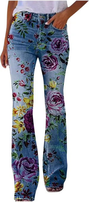 Plus Size Bell Bottom Jeans for Women Floral Embroidered High-Rise Flare Jeans Stretch Skinny Fitted Denim Pants