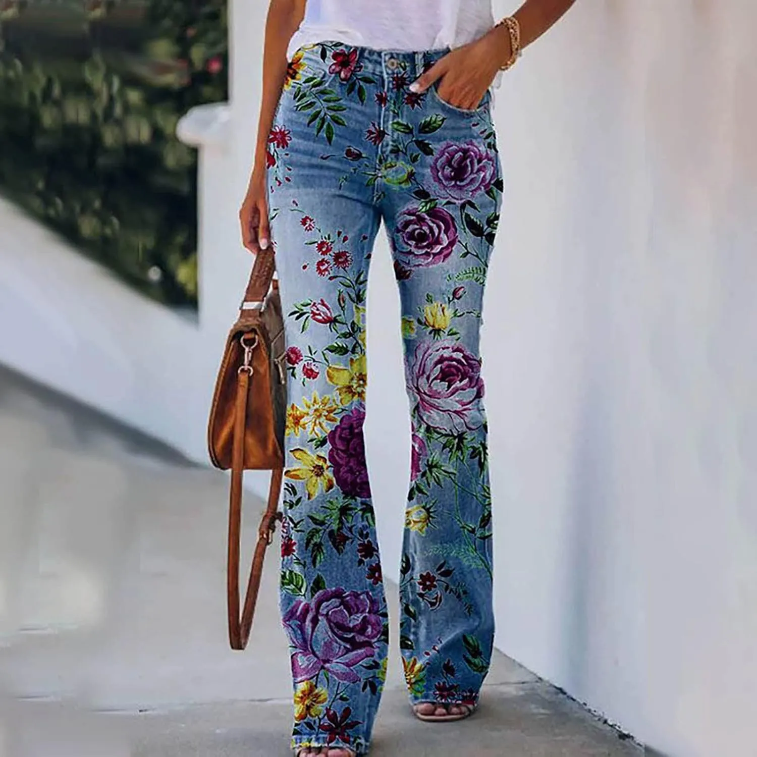 Plus Size Bell Bottom Jeans for Women Floral Embroidered High-Rise Flare Jeans Stretch Skinny Fitted Denim Pants