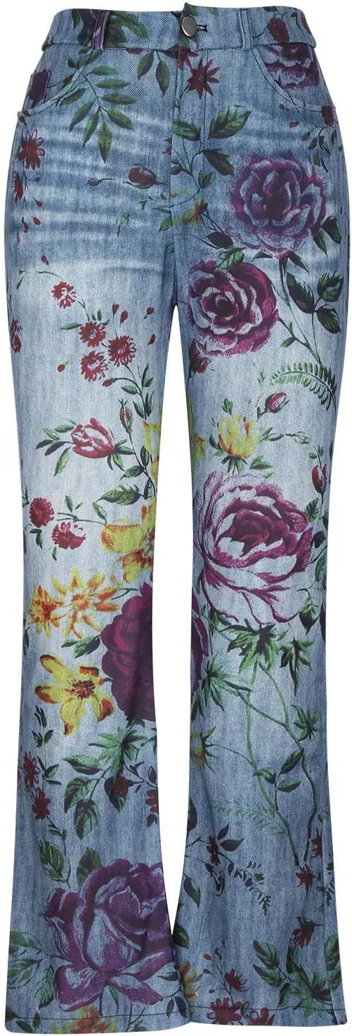 Plus Size Bell Bottom Jeans for Women Floral Embroidered High-Rise Flare Jeans Stretch Skinny Fitted Denim Pants