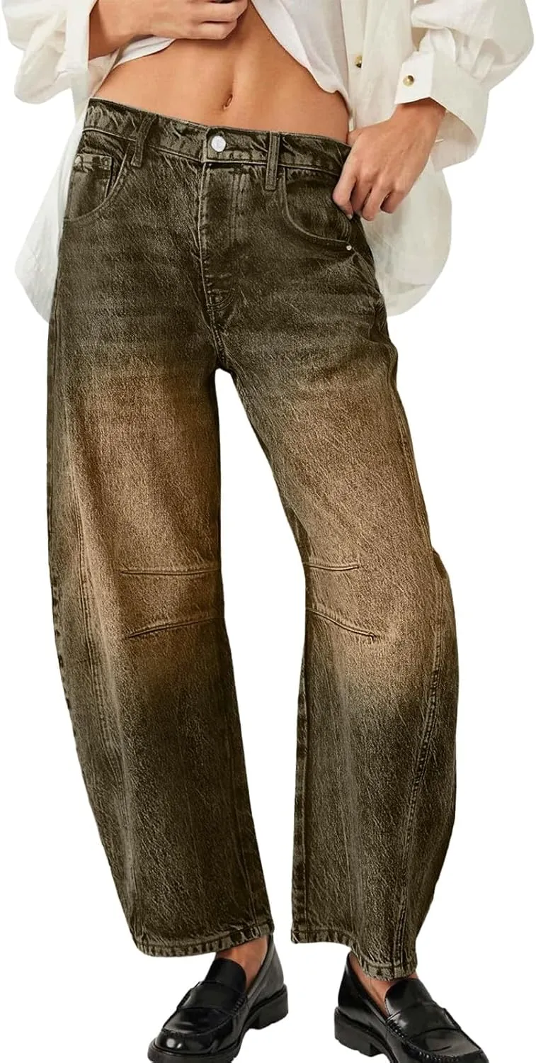 Plus Size Women's Barrel Jeans High Waisted Casual Straight Leg Stretchy Trendy Wide Leg Denim Pant Long Trouser 2025