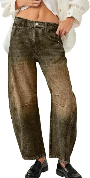 Plus Size Women's Barrel Jeans High Waisted Casual Straight Leg Stretchy Trendy Wide Leg Denim Pant Long Trouser 2025