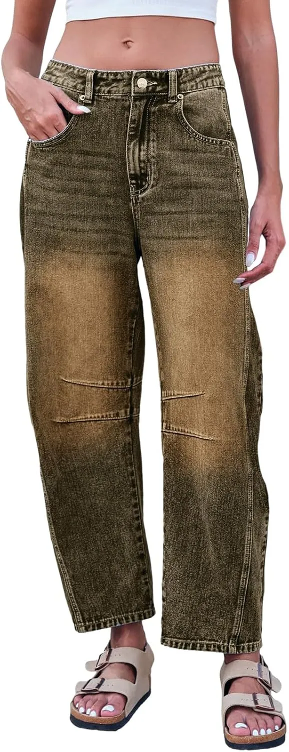 Plus Size Women's Barrel Jeans High Waisted Casual Straight Leg Stretchy Trendy Wide Leg Denim Pant Long Trouser 2025