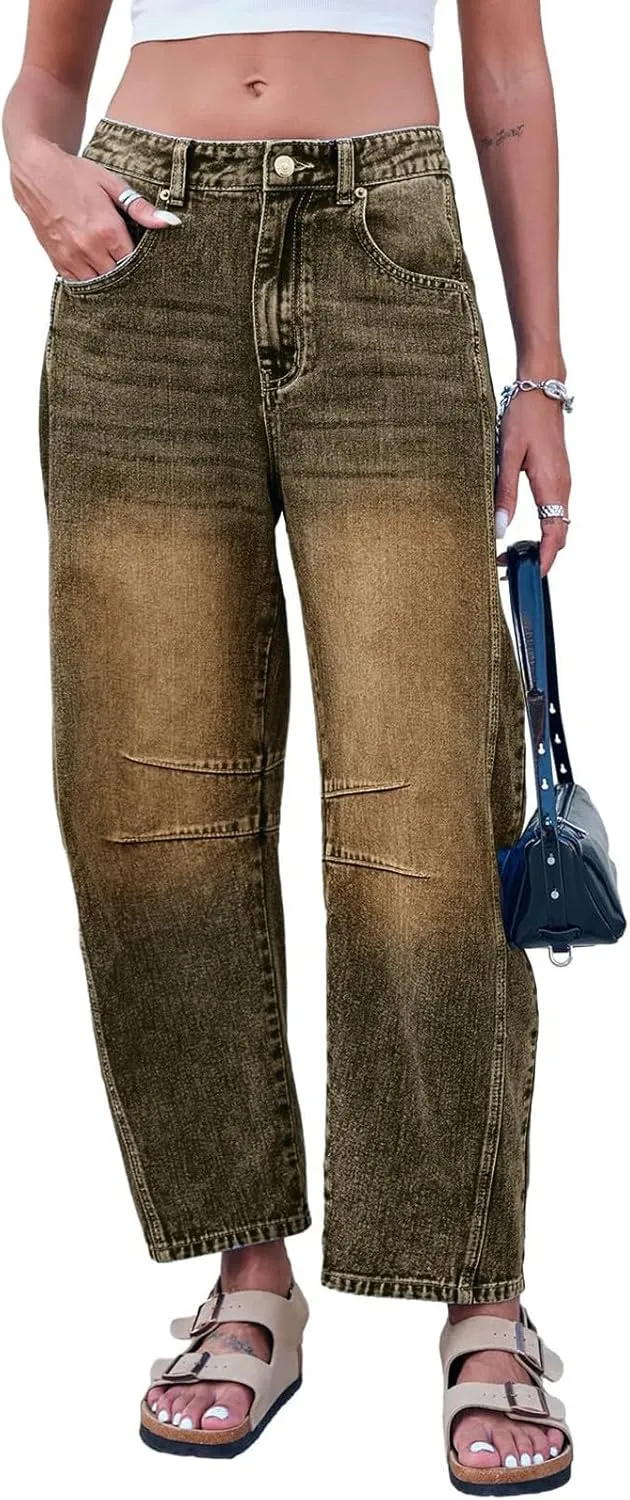 Plus Size Women's Barrel Jeans High Waisted Casual Straight Leg Stretchy Trendy Wide Leg Denim Pant Long Trouser 2025