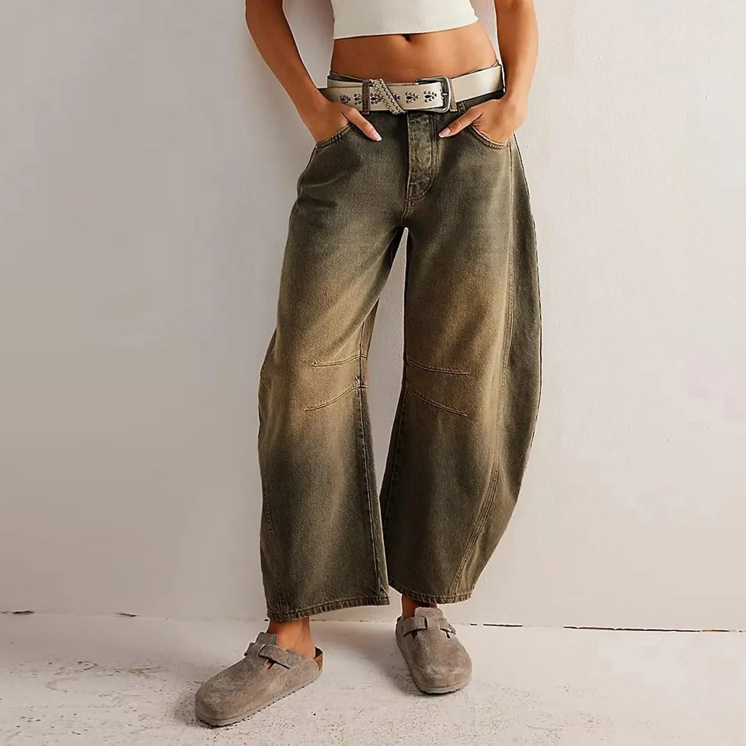 Plus Size Women's Barrel Jeans High Waisted Casual Straight Leg Stretchy Trendy Wide Leg Denim Pant Long Trouser 2025