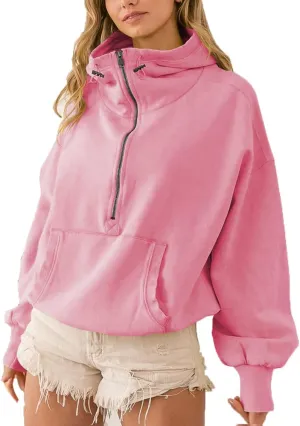 Plustrong Womens Half Zip Hoodies Casual Long Sleeve Cropped Sweatshirts Quarter Zip Pullover