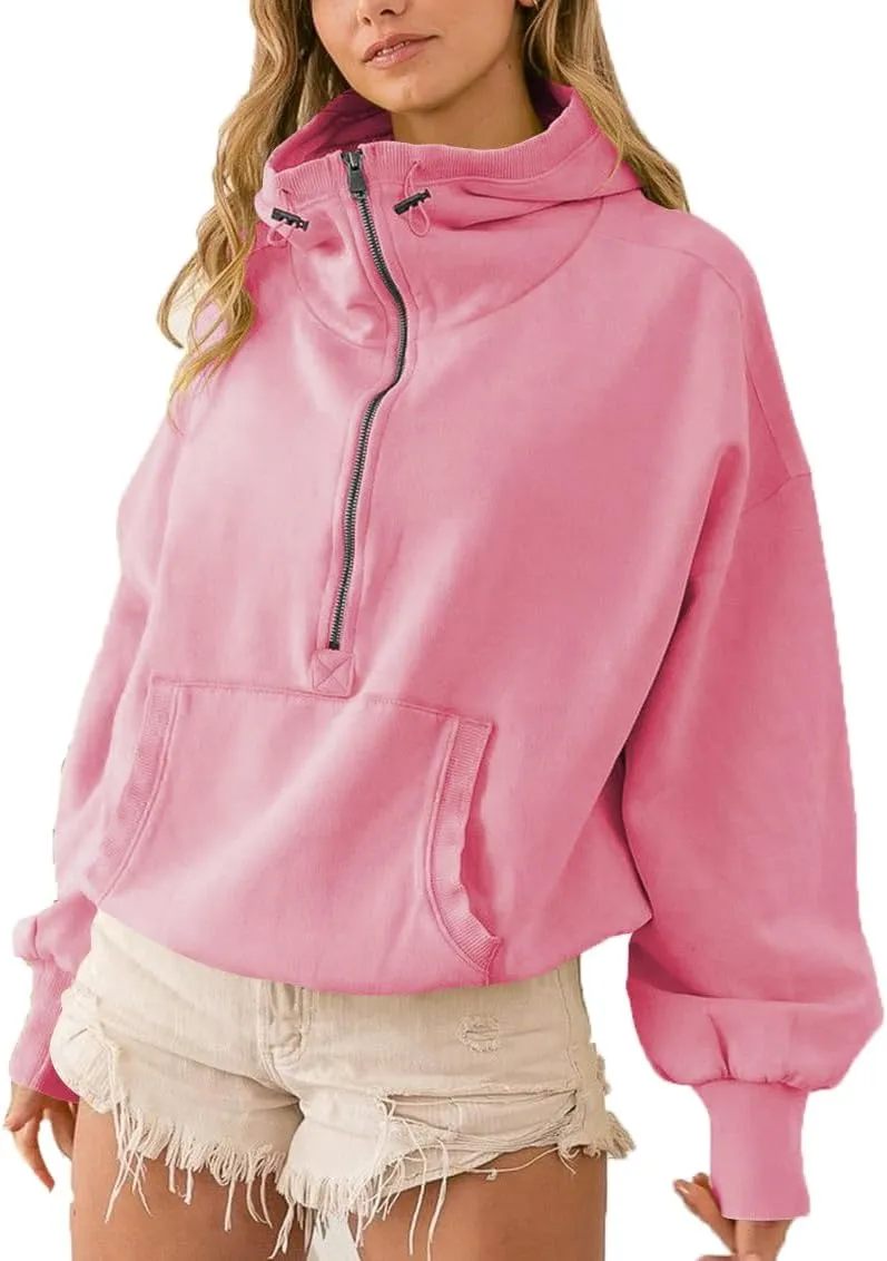 Plustrong Womens Half Zip Hoodies Casual Long Sleeve Cropped Sweatshirts Quarter Zip Pullover
