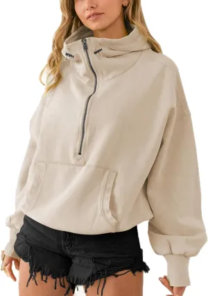 Plustrong Womens Half Zip Hoodies Casual Long Sleeve Cropped Sweatshirts Quarter Zip Pullover