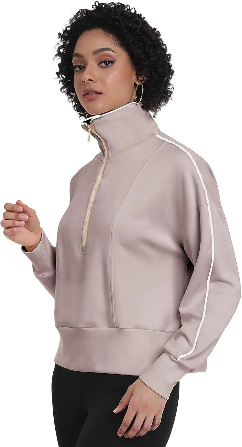 POKWAI Women Half Zip Cropped Sweatshirts Long Sleeve Pullover Tops Casual Fall Outfits Clothes