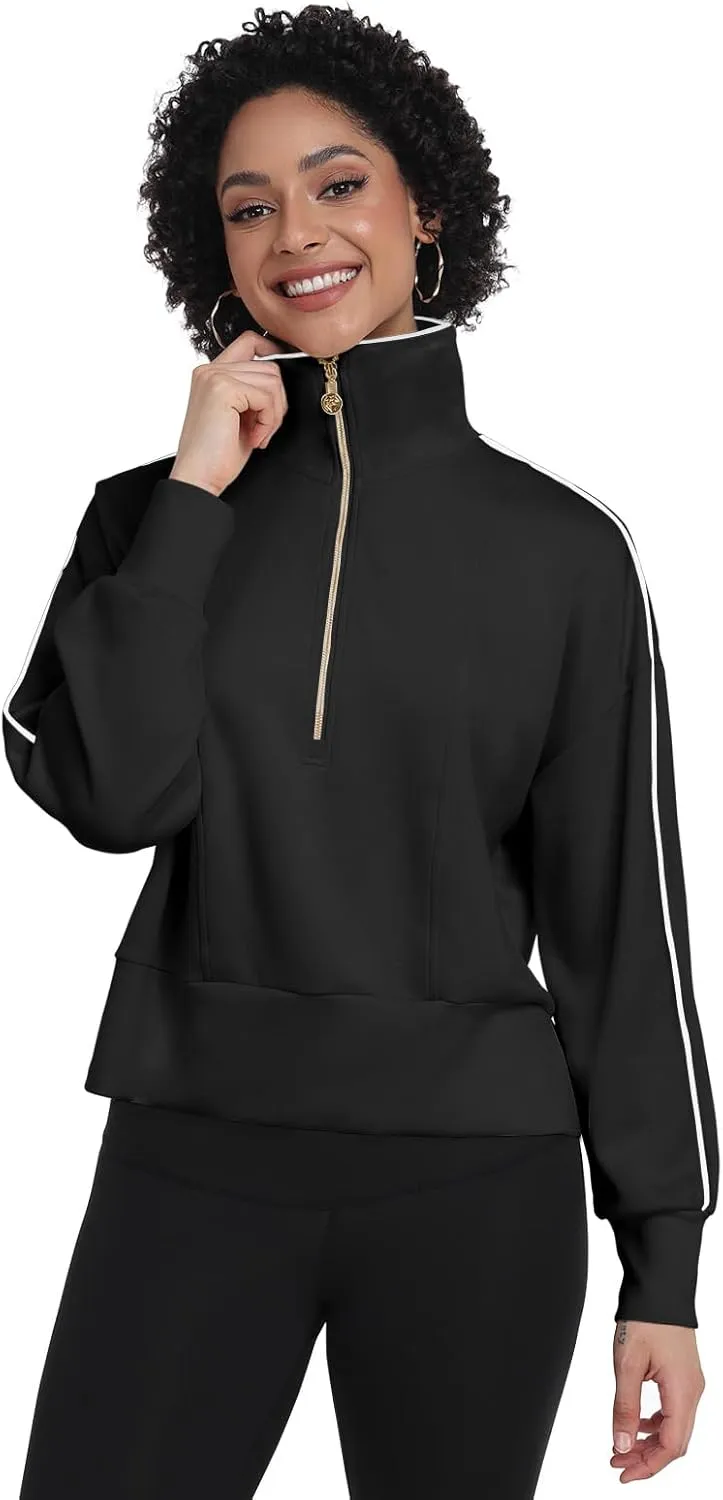 POKWAI Women Half Zip Cropped Sweatshirts Long Sleeve Pullover Tops Casual Fall Outfits Clothes