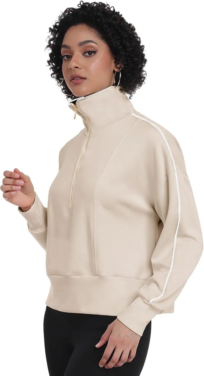 POKWAI Women Half Zip Cropped Sweatshirts Long Sleeve Pullover Tops Casual Fall Outfits Clothes