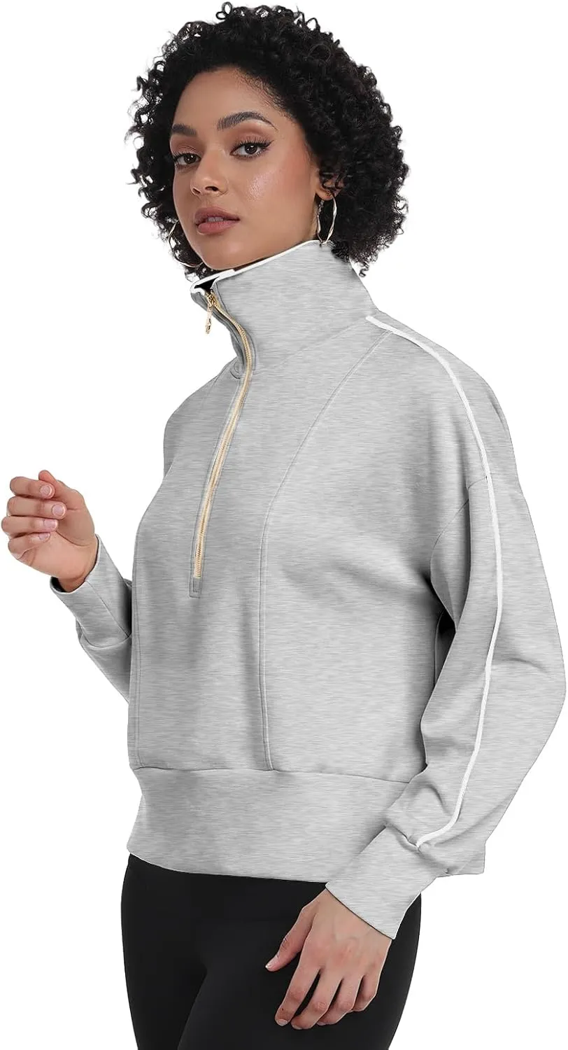 POKWAI Women Half Zip Cropped Sweatshirts Long Sleeve Pullover Tops Casual Fall Outfits Clothes