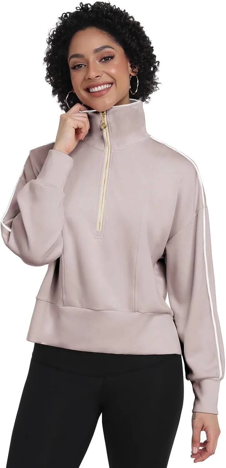 POKWAI Women Half Zip Cropped Sweatshirts Long Sleeve Pullover Tops Casual Fall Outfits Clothes