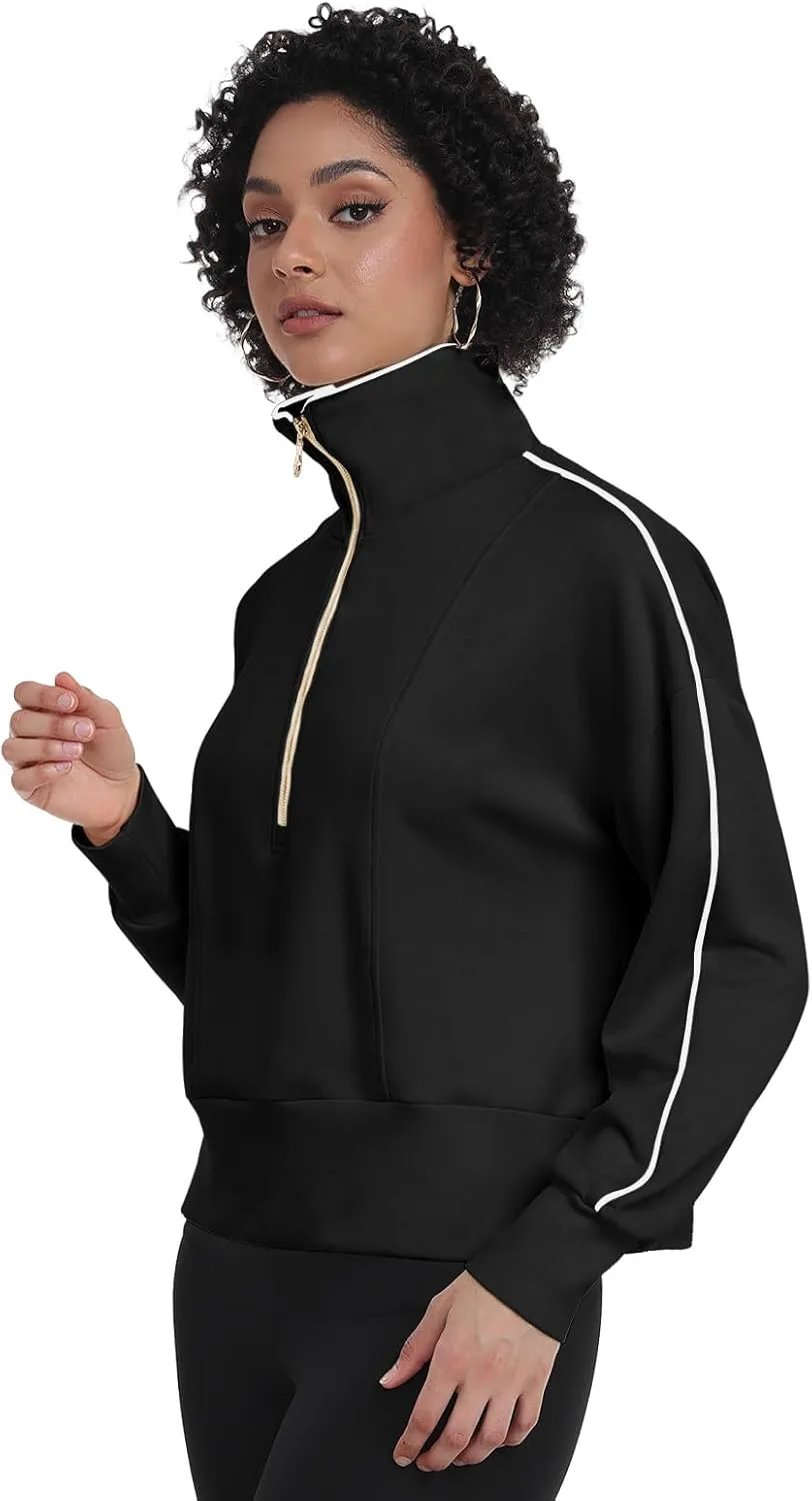 POKWAI Women Half Zip Cropped Sweatshirts Long Sleeve Pullover Tops Casual Fall Outfits Clothes