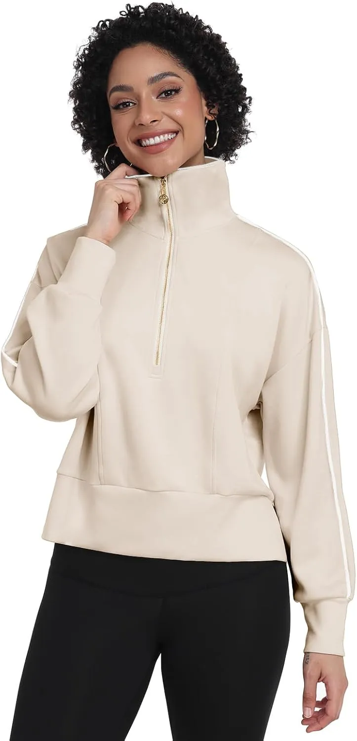 POKWAI Women Half Zip Cropped Sweatshirts Long Sleeve Pullover Tops Casual Fall Outfits Clothes
