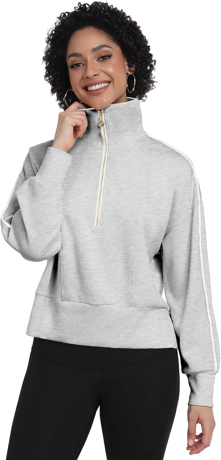 POKWAI Women Half Zip Cropped Sweatshirts Long Sleeve Pullover Tops Casual Fall Outfits Clothes